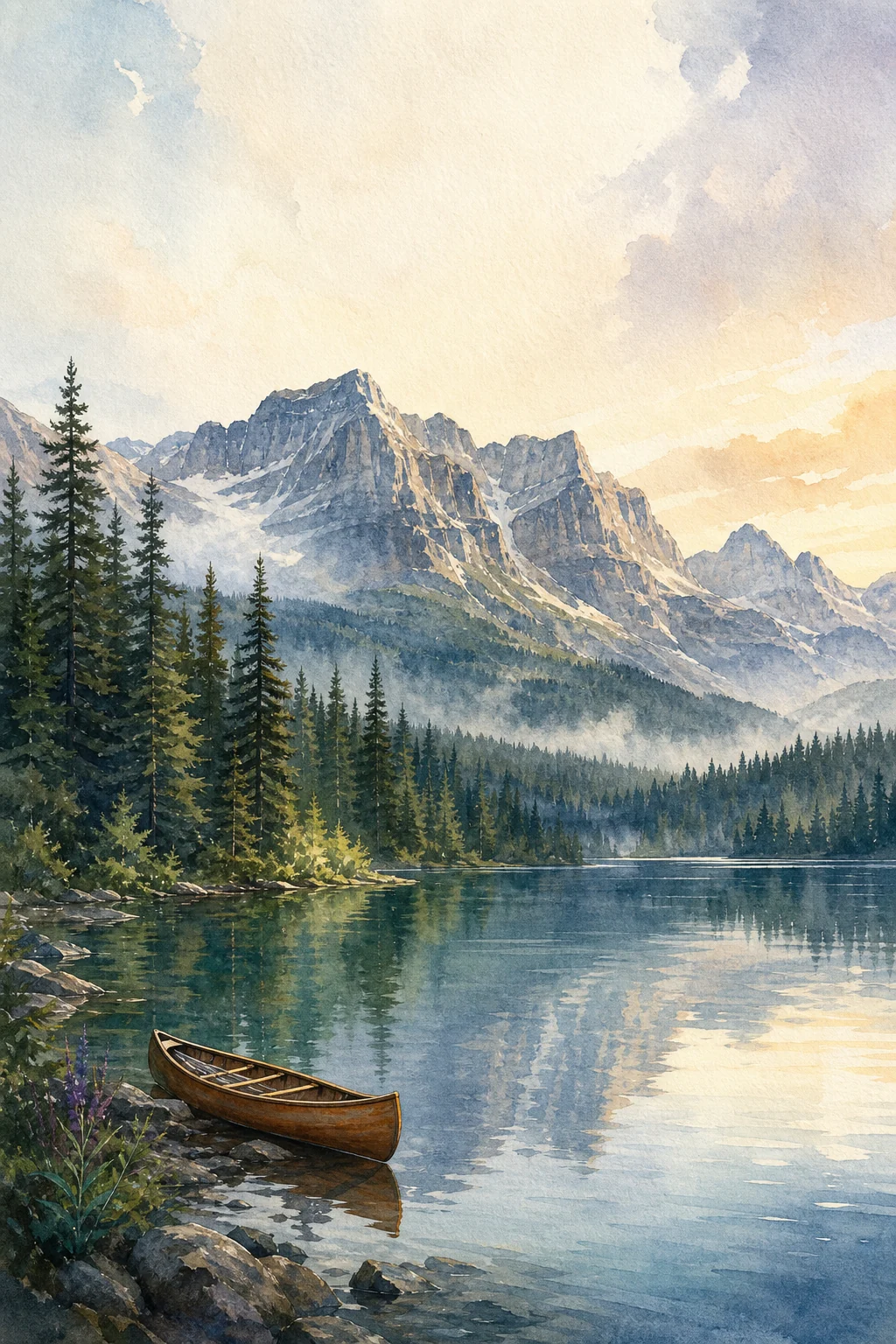 Watercolor mountain lake landscape with pine trees and a canoe