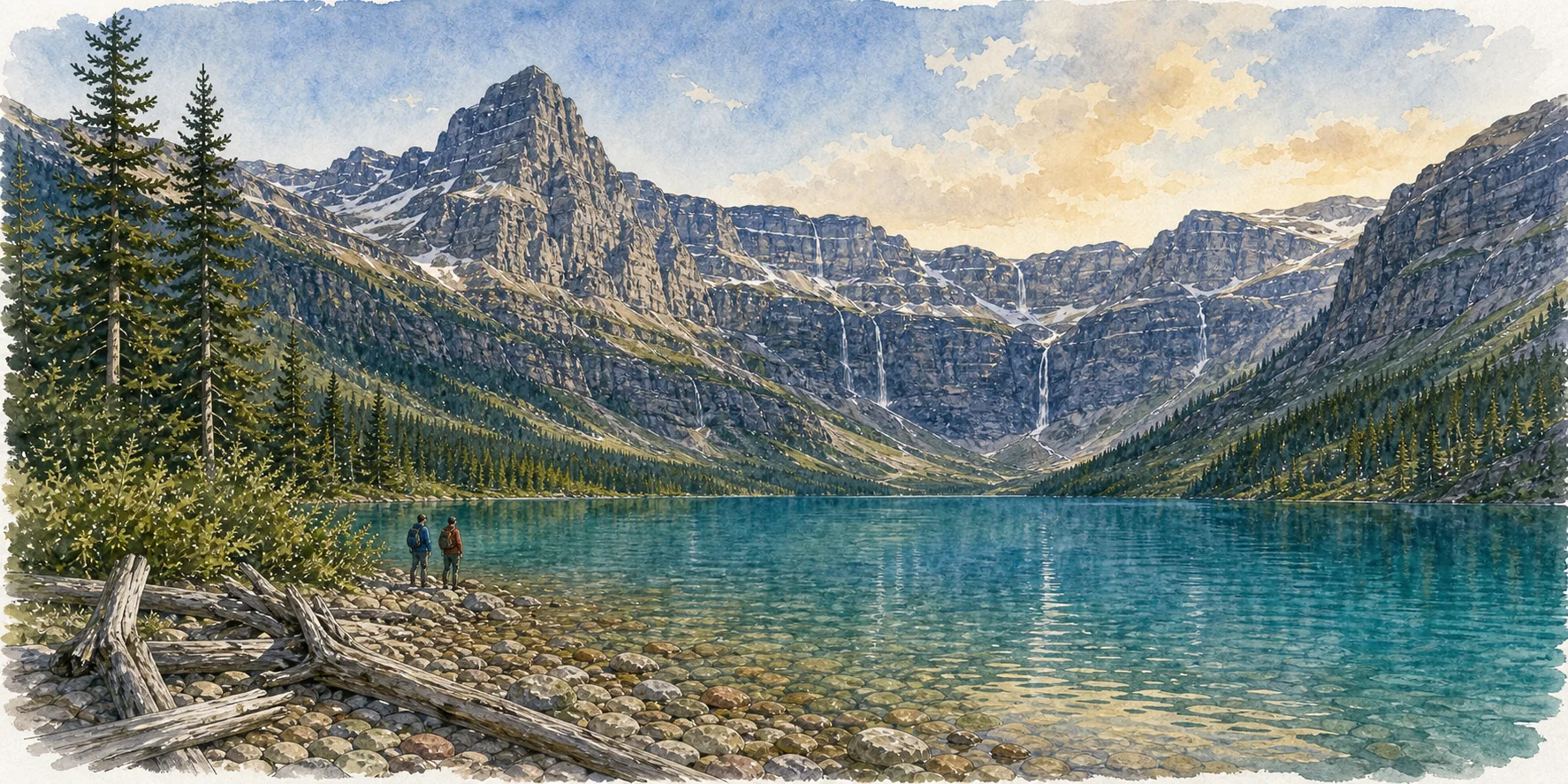 Watercolor of Avalanche Lake with waterfalls streaming down the headwall and driftwood on the pebbled shore