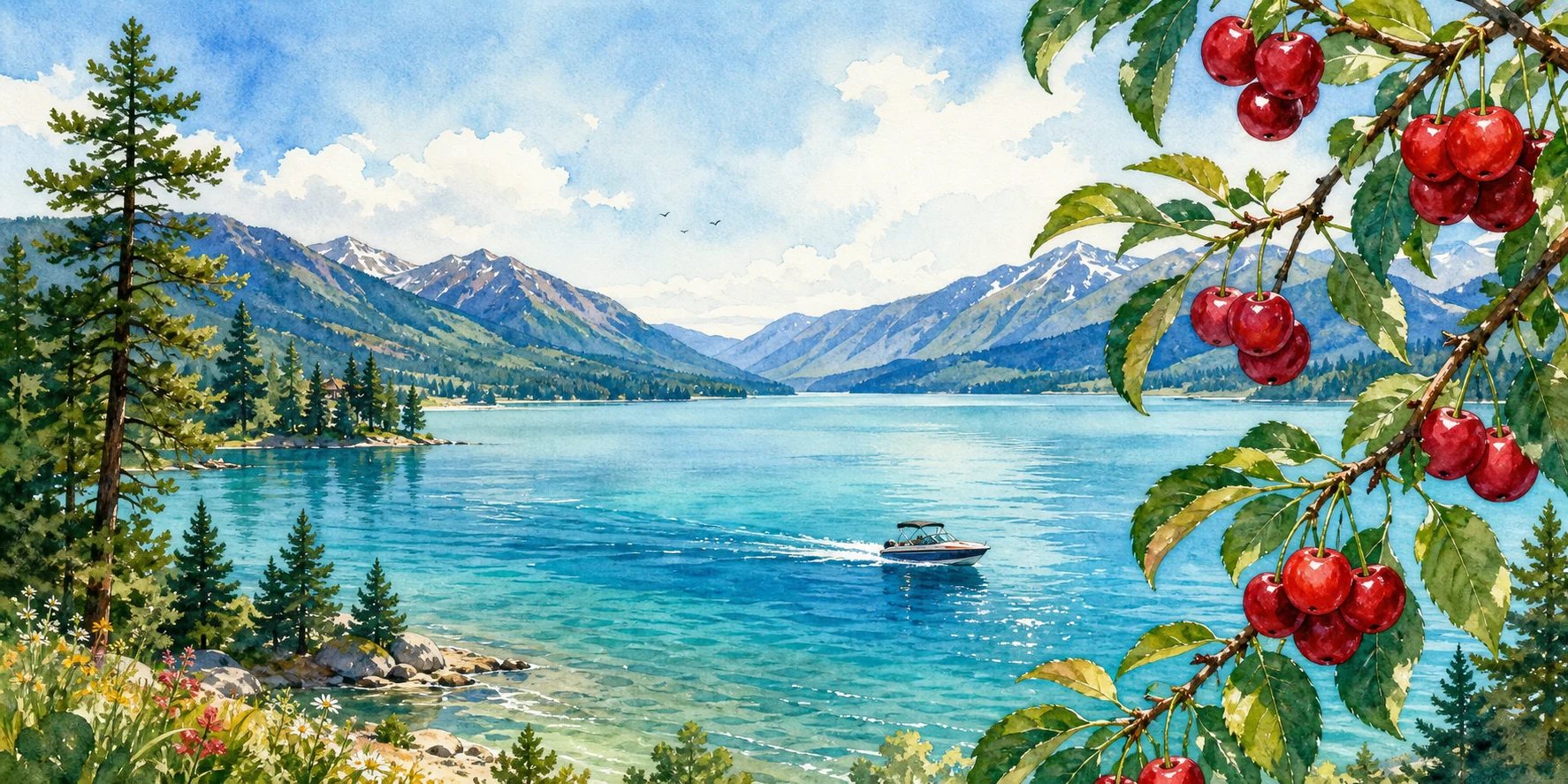 Watercolor view of a clear Montana lake, mountain shoreline, motorboat, and cherry branches