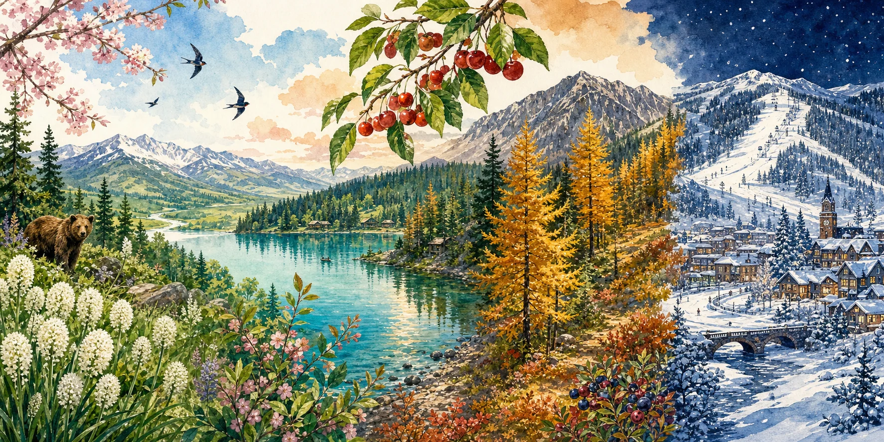 Watercolor Montana landscape through four seasons