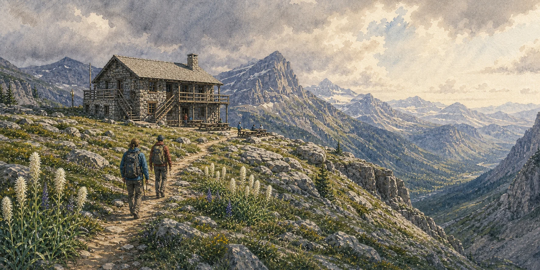Watercolor of Granite Park Chalet on an alpine bench with hikers approaching along the trail and beargrass in bloom