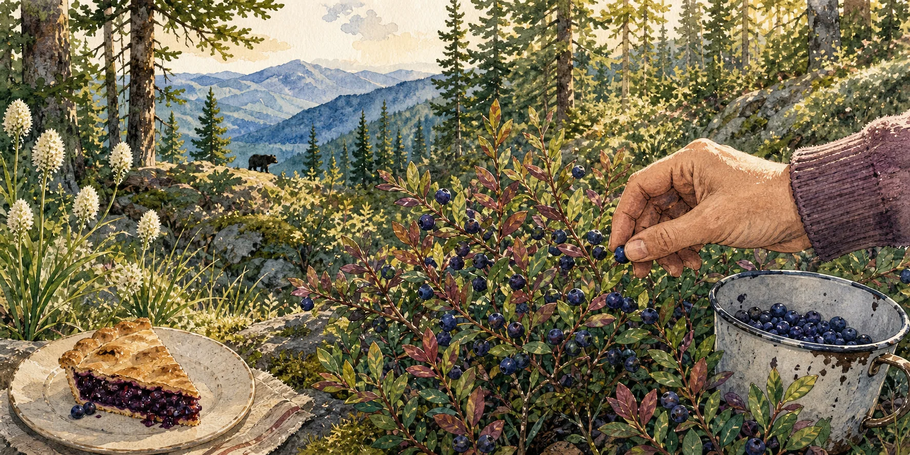 Watercolor of a hand picking wild huckleberries into a tin cup, with a slice of huckleberry pie on a plate and a black bear on the ridge beyond