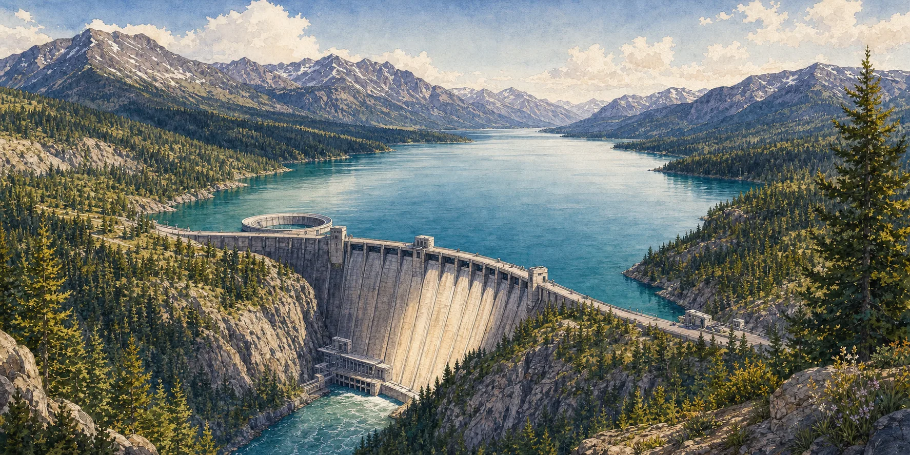 Watercolor of Hungry Horse Dam and its ring spillway, with the reservoir stretching back into forested mountains
