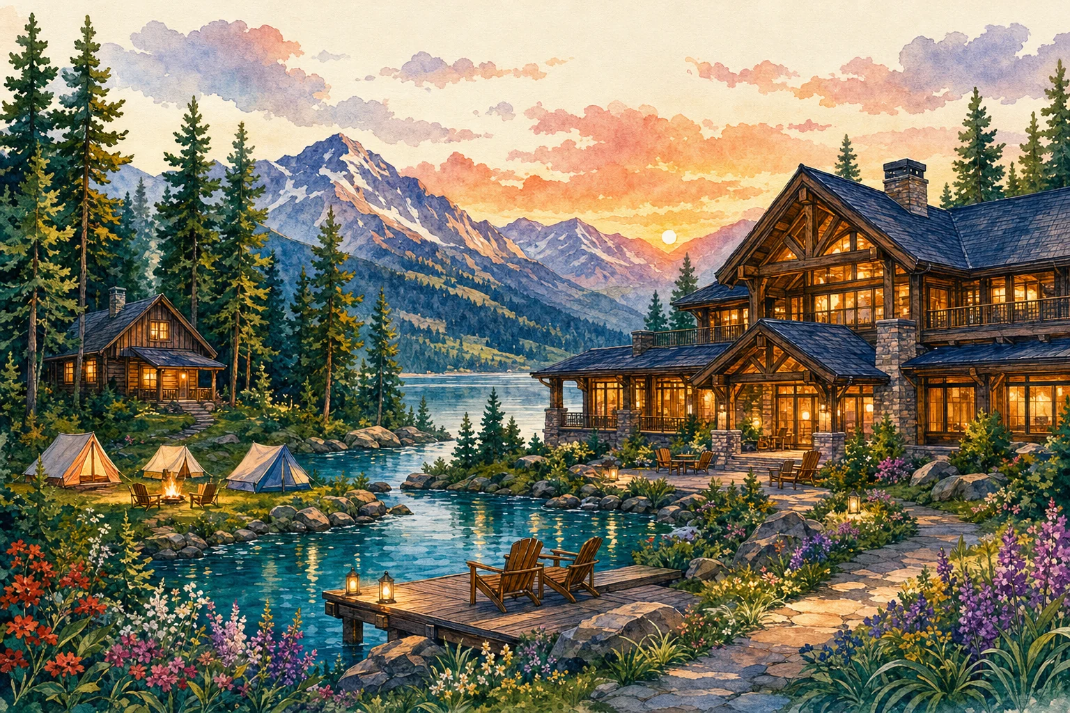 Watercolor lakeside lodge and cabins in the mountains