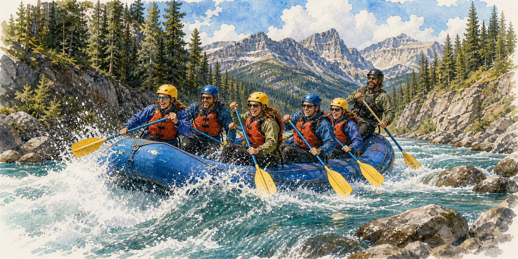 Watercolor of a raft crew paddling through whitewater on the Middle Fork of the Flathead River