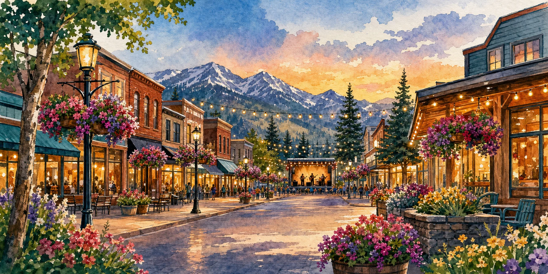 Watercolor evening scene in downtown Whitefish