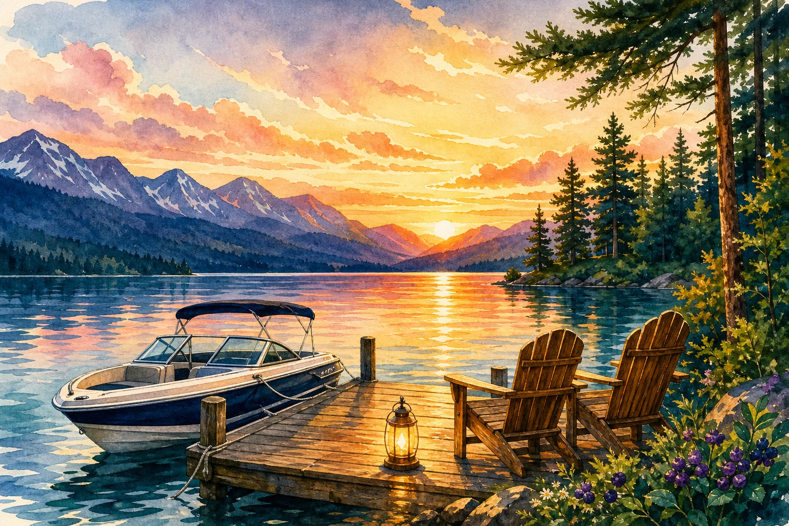 Watercolor sunset on Whitefish Lake with a boat, dock, lantern, and Adirondack chairs