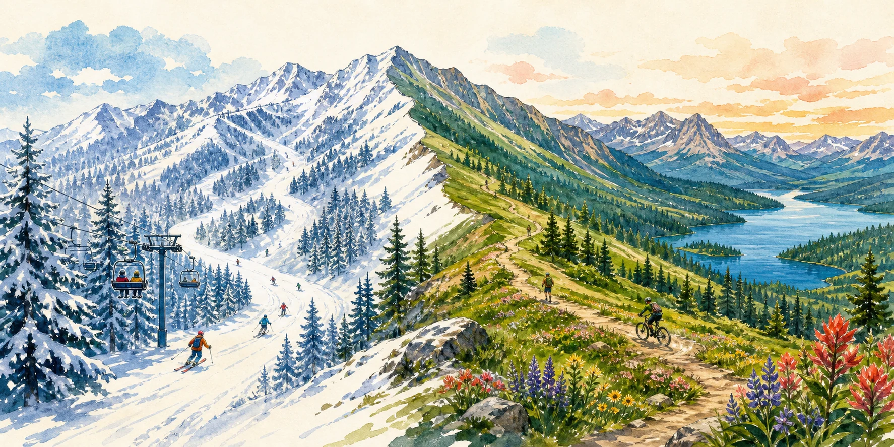 Watercolor split-season scene at Whitefish Mountain